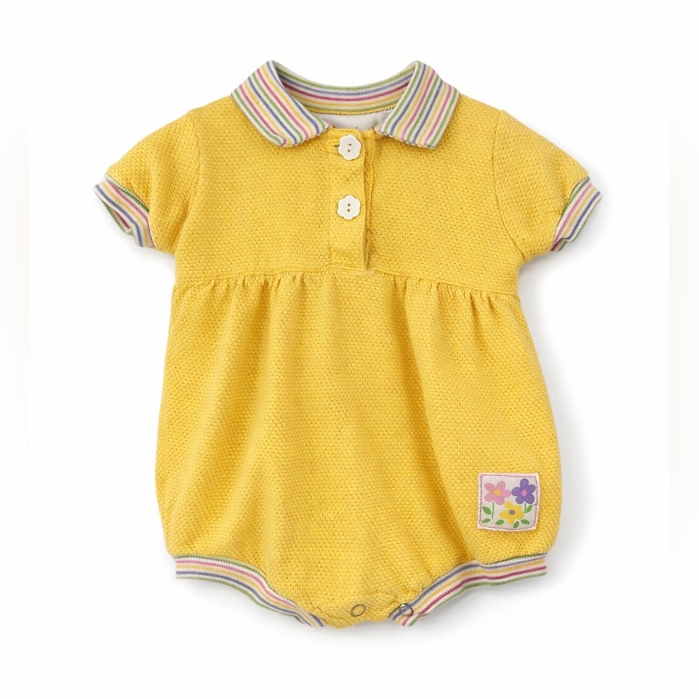 Vintage 80s 6-9mo bodysuit romper yellow pastel stripe 0515 flower buttons